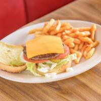 Cheeseburger · This American classic is a 1/4 lb. patty topped with American cheddar and served with all th...