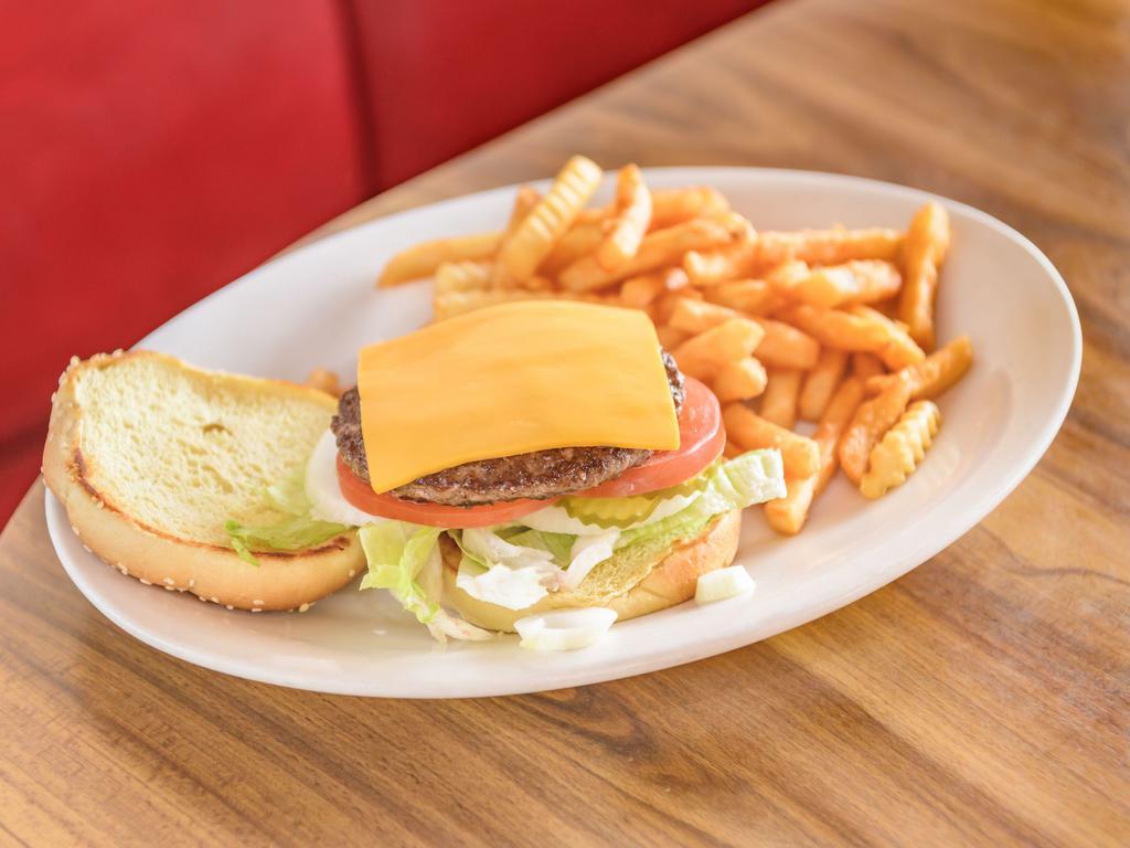 Cheeseburger · This American classic is a 1/4 lb. patty topped with American cheddar and served with all the fixins on the side. Jumbo has 2 slices and regular has 1 slice.