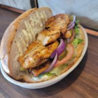 GRILL CHICKEN SANDWICH · Marinated Grill Chicken,  Served w, Lettuce, Tomato, PIckles, Red Onion, Sauce Of Your Choice,