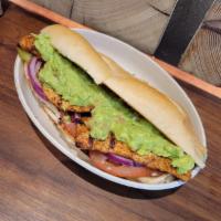 CHICKEN & GUAC SANDWICH · Grilled Chicken w, guacamole, Served w, Lettuce, Tomato, Pickles, Red Onion, Sauce of your c...