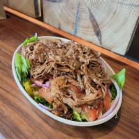 PULLED BEEF SALAD · Pulled Brisket w. lettuce , Tomato, Pickle, Red Onion, Sauce of your choice,