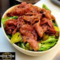 GRILEED PASTRAMI SALAD · Grilled slice Pastrami , w. lettuce , Tomato, Pickle, Red Onion, Sauce of your choice,