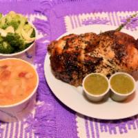 1/2 Chicken Combo 2 sides · all natural Half Rotisserie Chicken seasoned and served with green tomatillo sauce with two ...