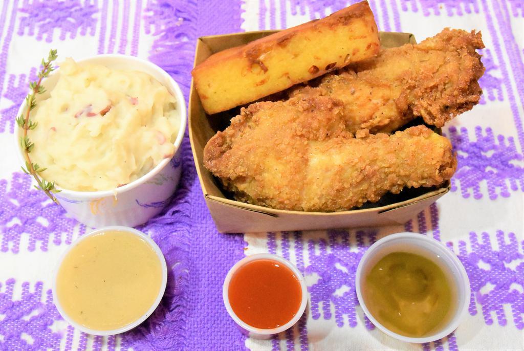 3 Pieces Chicken Combo 1 side · all natural 3 pieces Crispy Fried Chicken served with jalapeno vinegar and hot sauce with one side
