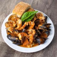 Hot Antipasto · Clams, mussels, shrimp and eggplant rollatini in marinara sauce.