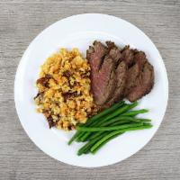 Sirloin and Potatoes · Sliced sirloin served with mashed garlic red potatoes and green beans. 

*Items are pre-made...