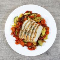Fit Chicken · Baked chicken breast atop a bed of sautéed roasted squash, zucchini, carrots, bell peppers, ...