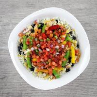 Fajita Chicken Bowl · Diced chicken breast, black beans, bell peppers, and converted rice layered together and top...