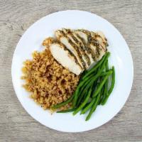 Simple Chicken · Sliced chicken breast served with a side of green beans and seasoned riced cauliflower. 

*I...