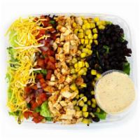 Chimichurri Chicken Salad · Diced chicken breast, corn salsa, tortilla strips, pepperjack cheese & cilantro atop spring ...