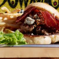 Triple B Burger · Juicy beef patty, crispy bacon, garlic aioli, crumbled blue cheese, and balsamic glaze on a ...