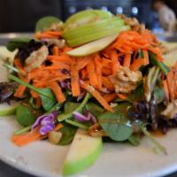 Apple Salad · Green apple, mixed greens, iceberg lettuce, red cabbage, carrot, topped with walnut and bals...
