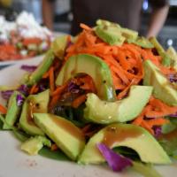 Avocado Salad · Avocado, mixed greens, iceberg lettuce, red cabbage, carrot, topped with balsamic souce