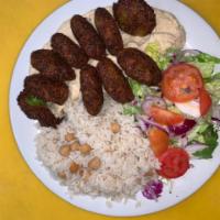 9 Piece Dinner Falafel Plate · Lightly fried vegetable balls made of chickpeas, celery, garlic, parsley, cilantro, tahini s...