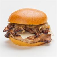 The Bacon Bird Sandwich · A savory chicken sandwich featuring bacon, bacon jam, Swiss and caramelized onions.