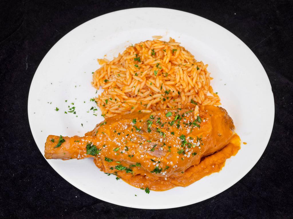 Lamb Shanks · Served with orzo pasta.