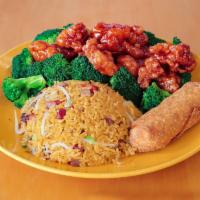 C17. General Tso's Chicken Combination · Served with Egg Roll and Pork Fried Rice. Spicy.