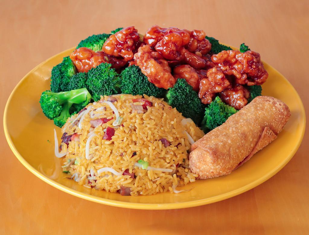 C17. General Tso's Chicken Combination · Served with Egg Roll and Pork Fried Rice. Spicy.