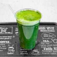 Green Juice · Kale, collard greens, celery, green apple, cucumber, lemon and ginger.