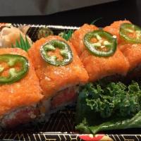 Thunder Roll · Spicy tuna in roll, spicy salmon on top and jalapeno.