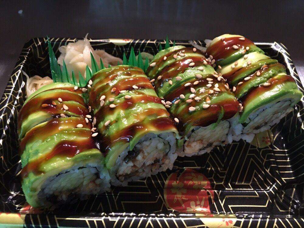 S18. Green Dragon Roll · Broiled eel and cucumber inside with avocado and tobiko on top.