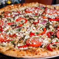 Veggie Baby Pizza · Fresh spinach, red bell peppers, crisp red onions, tomatoes and feta cheese atop our creamy ...