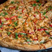 Spicy Thai Pizza · Garlic chicken, red bell peppers, fresh cilantro and crushed red peppers on our spicy peanut...