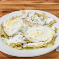 Chilaquiles · Crispy corn tortillas simmered in your choice of sauce.