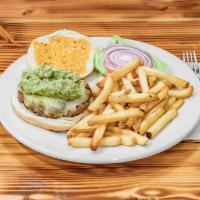 El Chicano Burger · 8 oz seasoned beef patty topped guacamole, pepper, jack cheese, lettuce, tomato, onion and m...