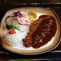 Katsu · Breaded chicken or pork cutlet served with rice, cabbage, corn and broccoli.