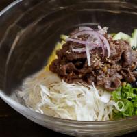 Bulgogi Chuka · Warm noodles topped with bulgogi, vegetables and special soy sauce.(No Broth) Bulgogi (beef)...