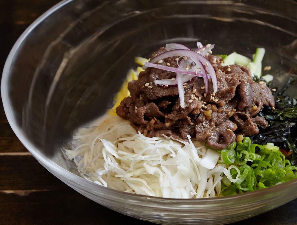 Bulgogi Chuka · Warm noodles topped with bulgogi, vegetables and special soy sauce.(No Broth) Bulgogi (beef), egg, cucumber, cabbage, seaweed, scallion, red onion and sesame seed. (Substitutions politely declined)