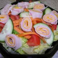 3. Chef Salad · Turkey, ham, and provolone cheese with romaine lettuce, tomato, ranch sauce.