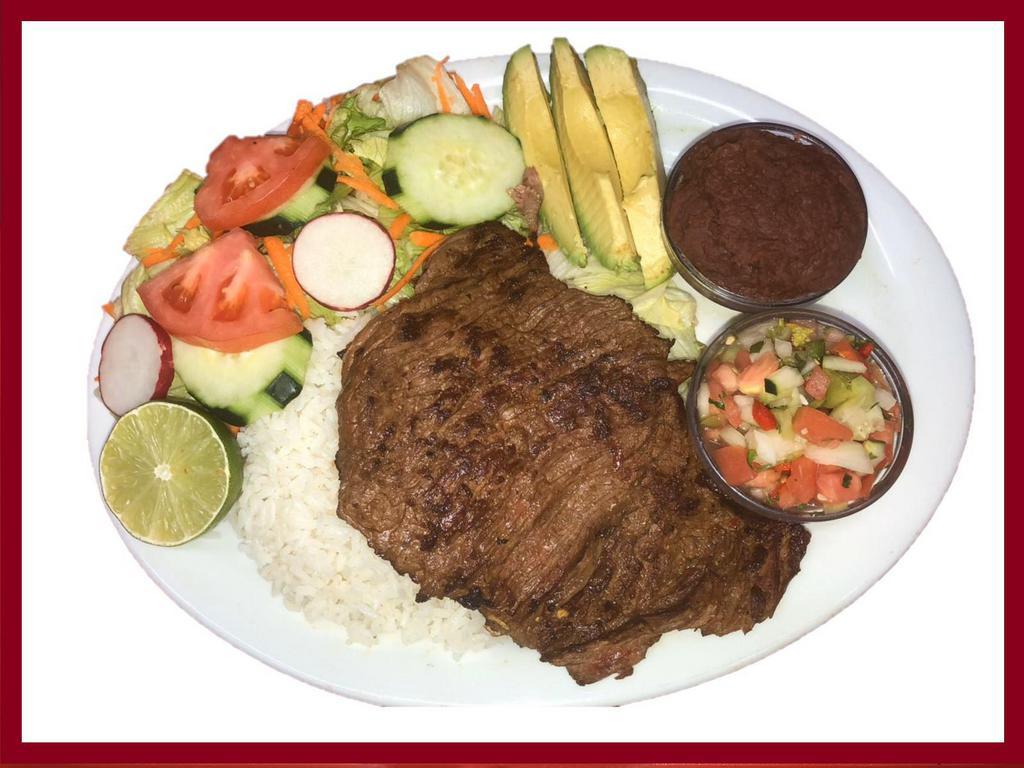 Carne Asada Platter · Grilled steak. White rice, refried beans, salad, pico de Gallo & Avacado.