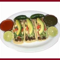 3 Tacos Suaves de Res · Steak soft tacos with Lettuce, Avocado, Pico de Gallo & Hot Green and Red Sauce.  