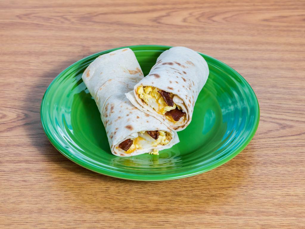 Big Breakfast Burrito · Egg, potatoes, cheese and choice of meat and chile.