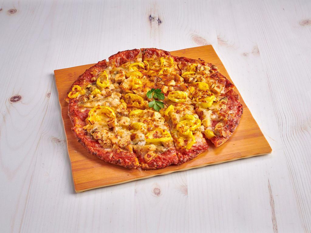 The Primo Classic Pizza · Pepperoni, grilled chicken, mushrooms, onions, banana peppers and extra cheese.