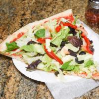 Salad Pizza · Garlic pie overloaded with our fresh greens, peppers and black olives, topped with diced moz...