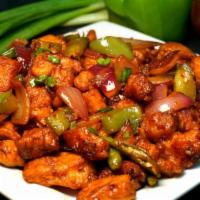 Chili Chicken. · Fried boneless chicken sauteed in spicy chili sauce with onion and bell pepper.