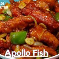 Apollo fish. · Boneless fish strips, deep-fried and sauteed in a spicy hot sauce.