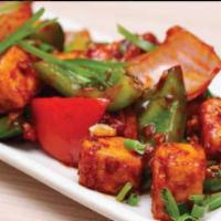 Chili Paneer. · Fried Cubes of Cottage cheese with onion & bell pepper in a spicy chili sauce.