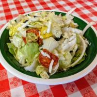 House Salad · Lettuce, banana peppers, pepperoni, green and black olives, onions, shredded mozzarella, red...