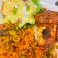 Baked Chicken · Spanish style baked chicken served with Mac salad and yellow rice and beans