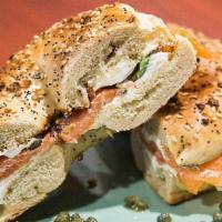 Bagel with Lox · Fresh hand rolled bagels with Lox, cream cheese, tomato, capers, red onion.