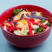 Southwest Chicken Salad · Romaine lettuce topped with tomato, onion, tri-colored tortilla strips with Jack cheddar che...