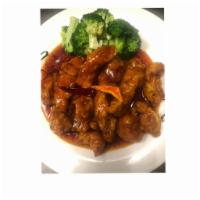 CF6. Orange Chicken · Crispy chicken and steamed broccoli cook with orange sweet spicy sauce.Large Size