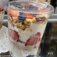 Greek Yogurt Parfait · Creamy Greek yogurt with strawberries, blueberries and granola.