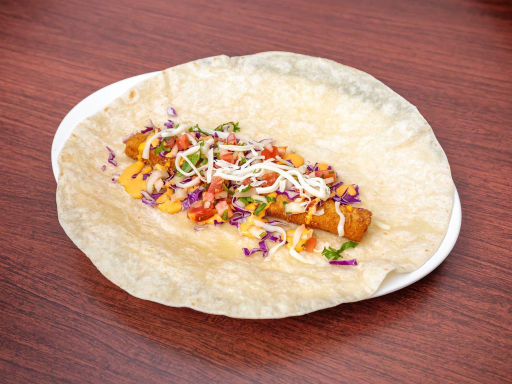 Fish burrito · With: breaded fried fish, diced cabbage, chipotle lime mayo, pico de gallo and cheese.