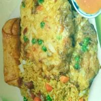 C6. Pork Egg Foo Young Combo Plate · Served with roast pork fried rice and egg roll.