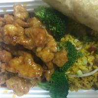 C24. General Tso's Chicken Combo Plate · Served with roast pork fried rice and egg roll. Hot and spicy.